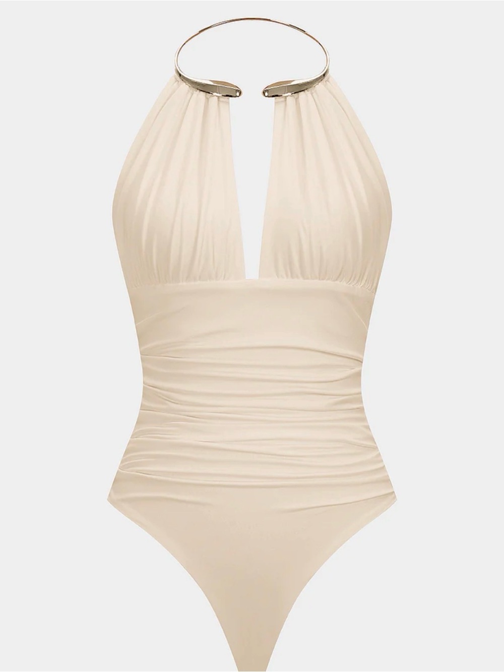 Micas Metallic Decor Halter Neck Ruched Bodysuit
